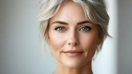 Fototapeta premium Close-up portrait of a woman with short blonde hair and blue eyes smiling.