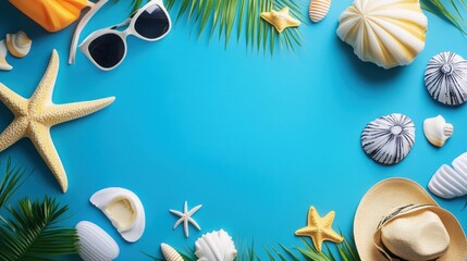 Naklejka premium A blue background with a variety of seashells and a hat