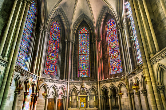 Mary stained glass reflection, Bayeux Cathedral, Bayeux, Normandy, France. Catholic church consecrated by King William the Conqueror in 1077