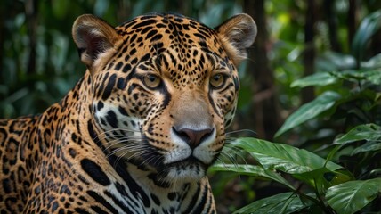 Obraz premium Close-up jaguar portrait in tropical jungle 