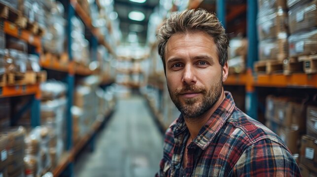 warehouse worker maneuvering pallet jack loaded with goods through warehouse