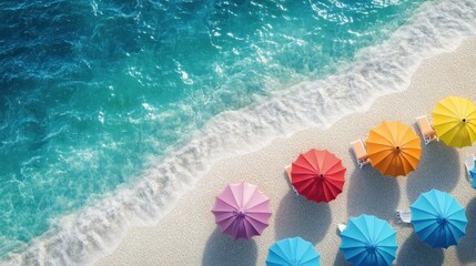 Obraz premium A row of colorful umbrellas are lined up on a beach