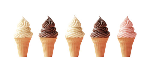Set of ice cream cones isolated on transparent background