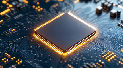 A computer chip shines with bright lights, resting on a detailed circuit board, showcasing advanced technology and intricate design