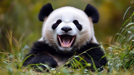 Obraz premium Cute Panda Bear Smiling In The Grass