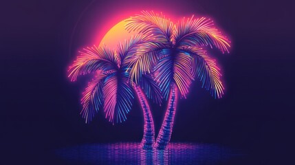 A neon image of two palm trees with a sun in the background