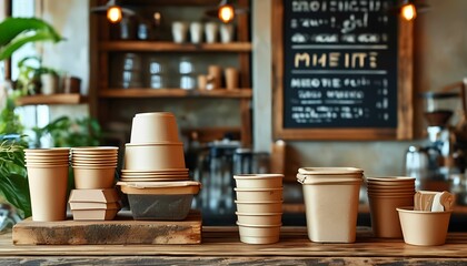 Stacks of biodegradable takeout containers and cups, made from kraft paper, on wooden counter, natural, warm lighting, coffee shop background, eco friendly