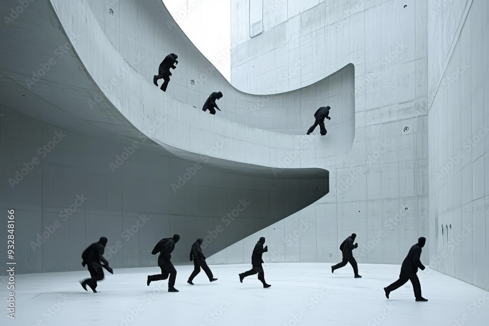 Wall mural a dynamic group of dancers performing against the backdrop of a strikingly modern architectural spac