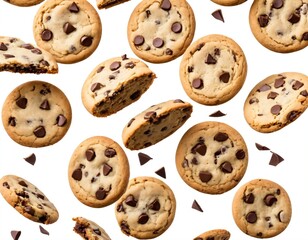 Falling broken chocolate chip cookies isolated on white background with clipping path, flying biscuits collection. Ai generated image