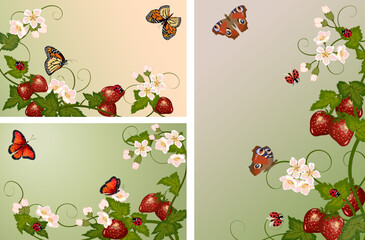 Set of illustrations with strawberries and butterflies.Strawberries and insects on a colored background in a set of vector illustrations.