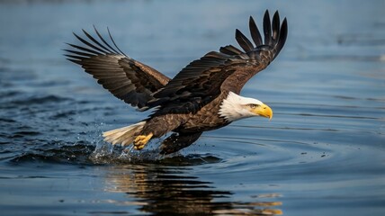 Fototapeta premium Close-up of bald eagle flying over lake surface 