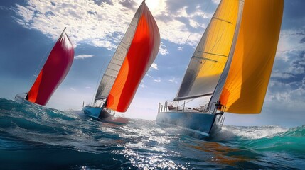 A group of sailboats are racing in the ocean