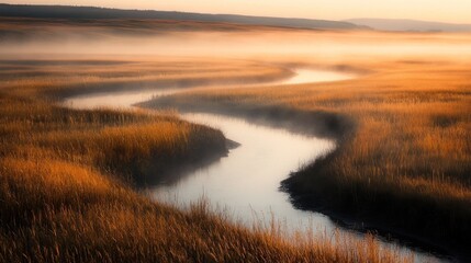 Serene River Through Foggy Meadow