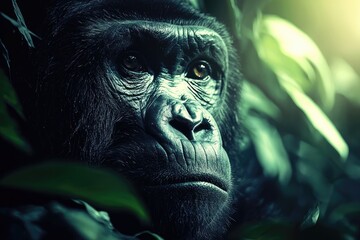 Obraz premium Closeup portrait of a serious looking gorilla in natural habitat
