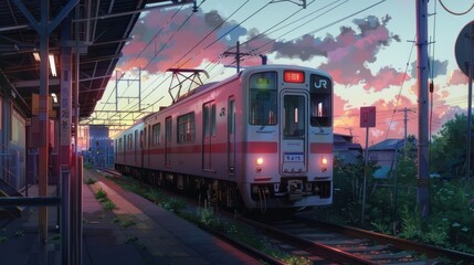 Obraz premium As the sun sets, a train waits at the station, surrounded by vibrant skies and lush greenery, evoking a peaceful atmosphere