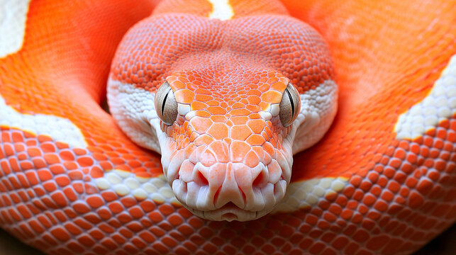 A striking ball python with bright orange and white scales rests in a loop on a smooth surface, basking in soft afternoon light