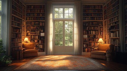 Fototapeta premium Sunlight Illuminating a Cozy Library