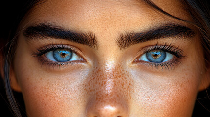 A young individual gazes intensely, showcasing bright blue eyes and light freckles with natural lighting enhancing their features