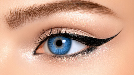 Obraz premium The close-up reveals an eye featuring vivid blue iris, expertly applied eyeliner, and subtle eye makeup enhancing the natural beauty
