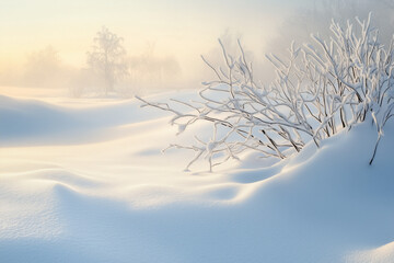 Obraz premium A serene snowy landscape features untouched snow blanketing the ground, illuminated by the soft light of the rising sun. The scene evokes a sense of tranquility and the pristine beauty of winter.