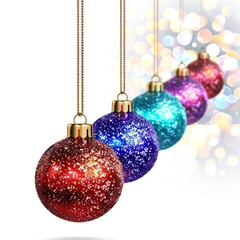 Fototapeta premium Colorful Christmas ornaments with glitter hanging in a row, festive holiday decoration with bokeh lights background.