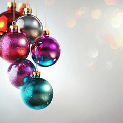Fototapeta premium Colorful Christmas tree ornaments hanging against a soft, blurred background with festive bokeh lights for a holiday atmosphere.