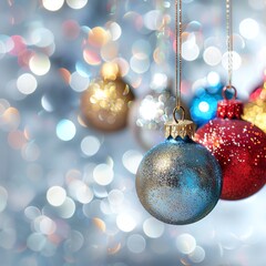 Colorful Christmas ornaments hanging with blurred festive lights in the background, capturing holiday cheer and celebration.