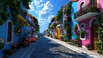 Fototapeta premium Charming colorful street lined with vibrant houses and lush greenery