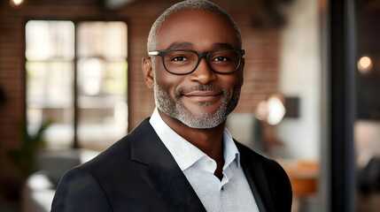 Fototapeta premium Confident businessman wearing glasses and a suit, smiling.