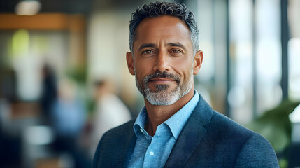 Fototapeta premium Confident businessman with grey hair and beard smiles in office.