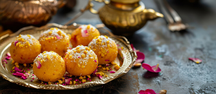 Traditional Indian sweets called laddoo on a golden plate for diwali festival banner. besan laddoos arranged on a golden tray. Roasted chickpea flour with ghee and sugar. Menu, recipe. Copy space