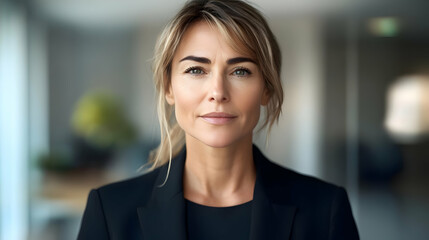 Obraz premium Confident businesswoman in black blazer, looking directly at the camera.