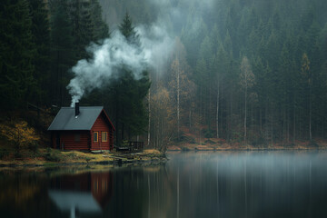 Fototapeta premium A quaint cabin sits by a tranquil lake in the forest, with smoke gently rising from the chimney. The scene exudes a peaceful atmosphere, capturing the serene beauty of nature and rustic charm.
