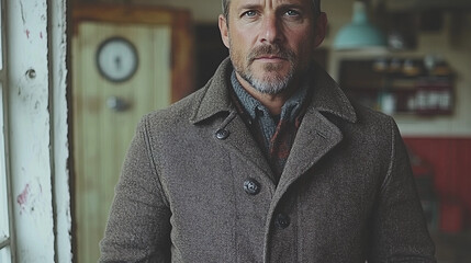 A man stands inside a rustic café, dressed in a brown wool coat, looking confidently at the camera with a vintage clock in the background