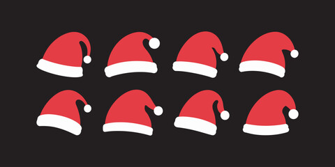 Santa Claus Hats icon set. Winter cap. Santa red hats with white fur. New Year red hat. Vector santa claus hat collection. Isolated Christmas holiday vector decoration. Vector illustration. 