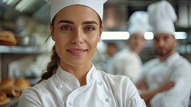 confident chef,cook standing with arms crossed,looking at camerin commercial kitchen