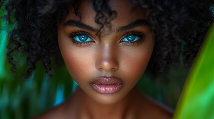 Fototapeta premium A young person with curly hair and vivid blue eyes gazes directly at the camera surrounded by lush green leaves