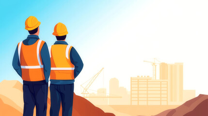 Construction site, workers wearing protective gear, flat design illustration