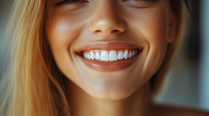 Fototapeta premium A young woman beams with joy, displaying her radiant smile and healthy teeth in a warmly lit indoor space