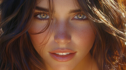Fototapeta premium A young woman gazes directly at the camera with enchanting green eyes, illuminated by warm sunlight