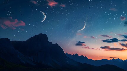 Obraz premium mountain. backgrounds night sky with stars and moon and clouds.