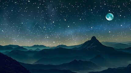 mountain. backgrounds night sky with stars and moon and clouds.