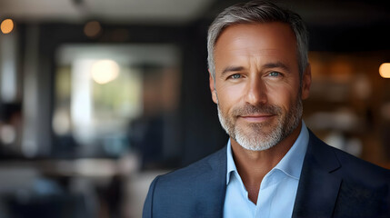 Obraz premium Confident mature man in a blue suit, smiling.