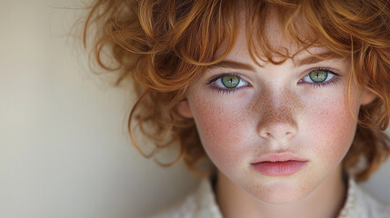 A young girl gazes thoughtfully with her curly hair framing her face, showcasing her captivating green eyes and freckles