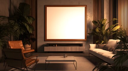 3D Rendered Mockup of a White Background Frame Inside a House with Cinematic 35mm Film Photography Vintage Leather Bound Frame Dramatic Chiaroscuro Lighting