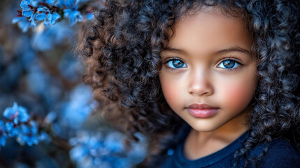 A girl with beautiful curly hair stands in a garden, surrounded by vibrant blue flowers, staring pensively at the camera