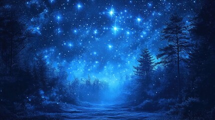 Naklejka premium Blue starry night sky over a quiet forest, peaceful and enchanting, celestial beauty