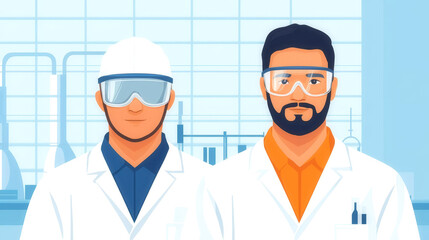 Fototapeta premium Industrial lab, technicians in protective lab coats and goggles, flat design illustration