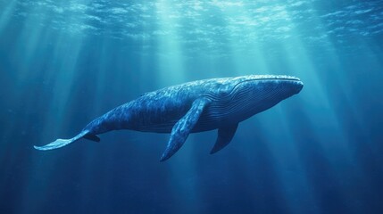 Fototapeta premium Blue whale swimming gracefully underwater, majestic and awe-inspiring marine life