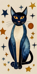 Quirky and funky cat illustration with colorful background and flowers, perfect for wall art, posters or postcard